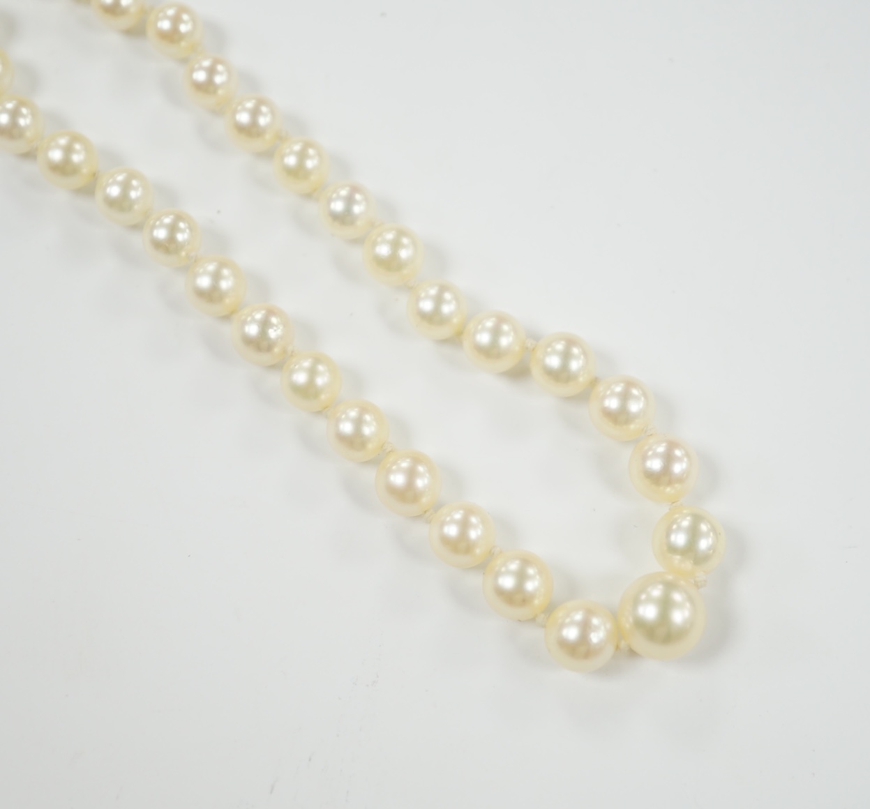 A single strand graduated cultured pearl necklace, with garnet and seed pearl set 9ct gold clasp, 52cm.